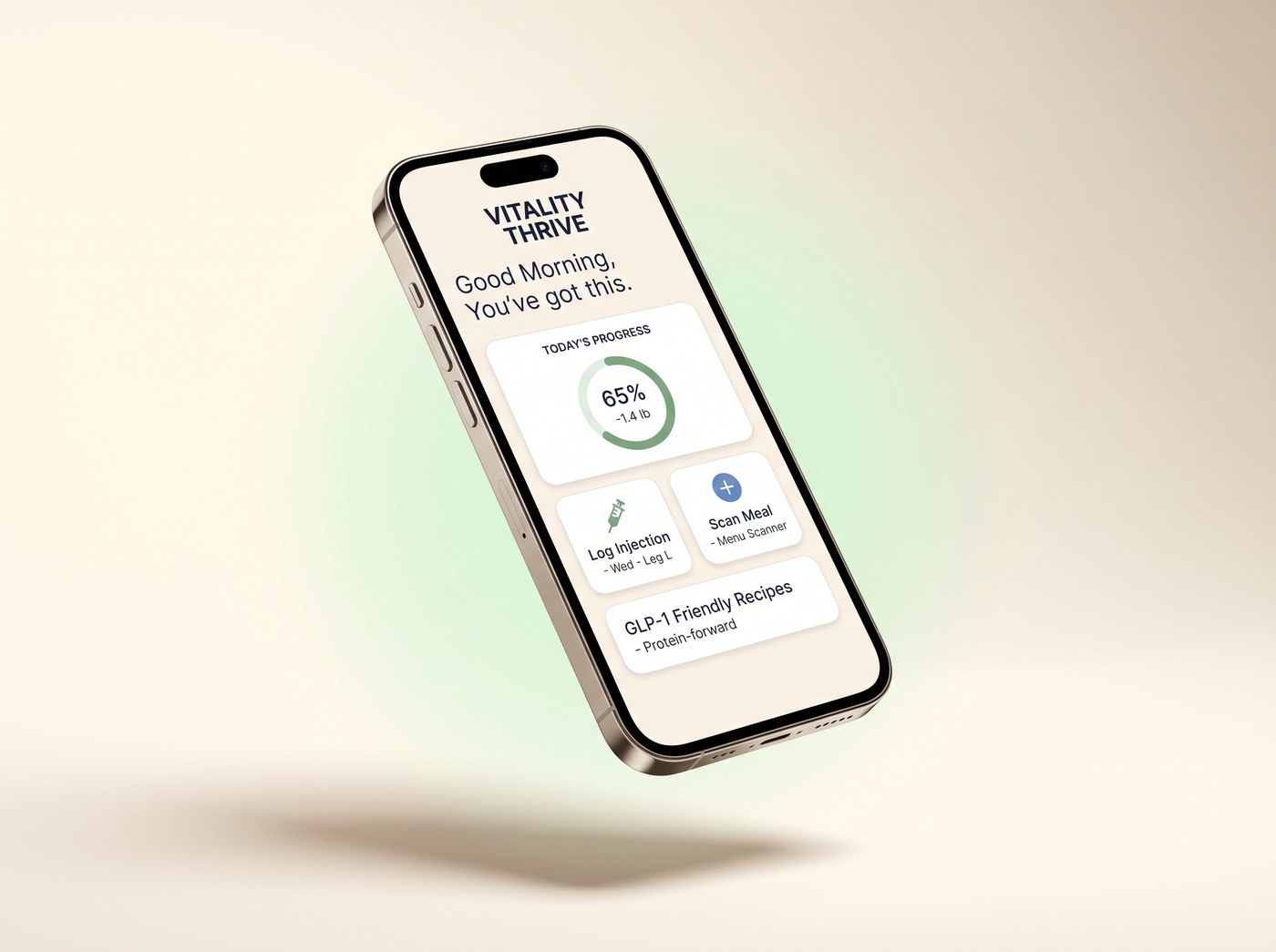 The Vitality Thrive app on a phone showing today's progress, injection tracking, meal scanner, and GLP-1 friendly recipes